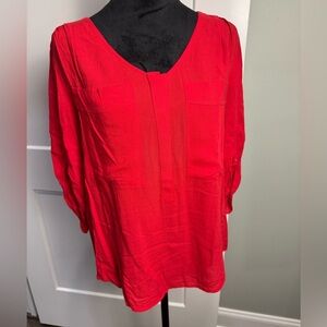 Anthropologie Maeve Popover Shirt Red Roll Tab Sleeve Scoop Pockets